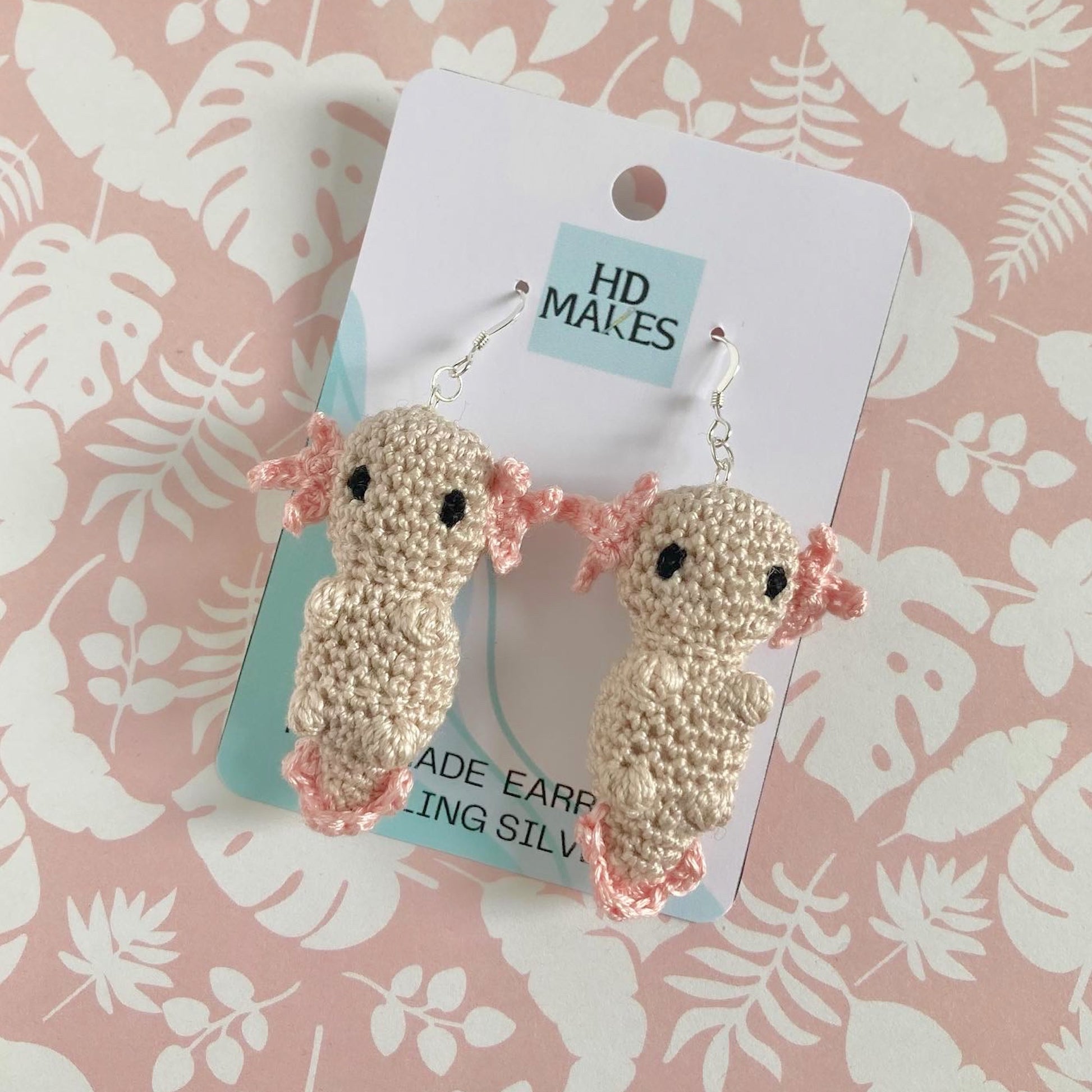 Handmade crochet axolotl sterling silver earrings