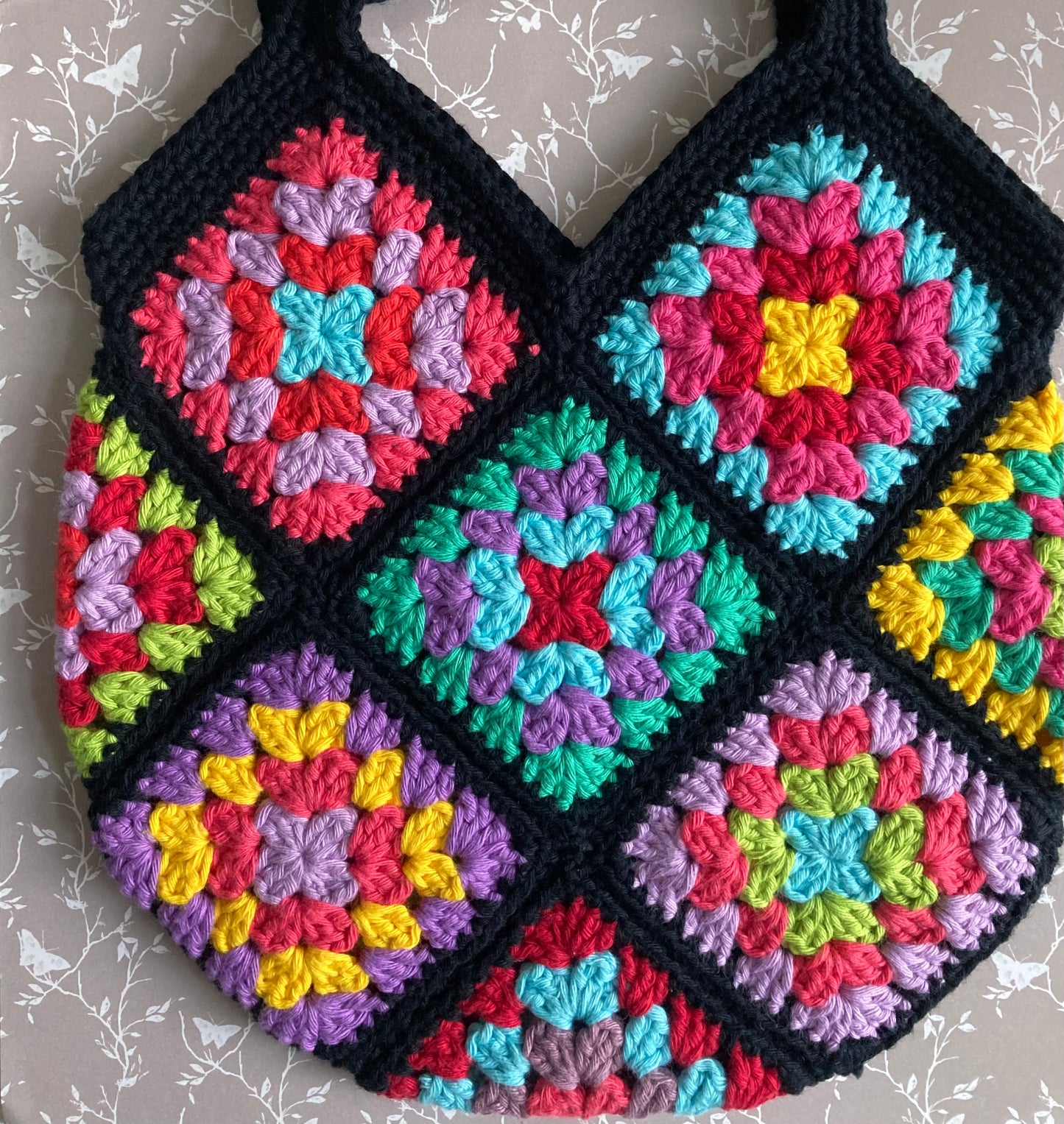 Granny Square Shopper Bag - Black Rainbow