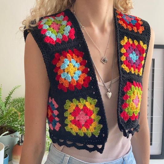 Granny Square Crochet Waistcoat - Black Rainbow