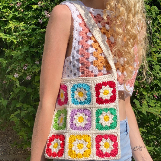 Daisy Rainbow Crochet Granny Square Bag