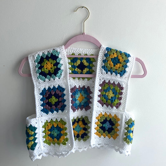 Granny Square Crochet Waistcoat - White Blue Mix