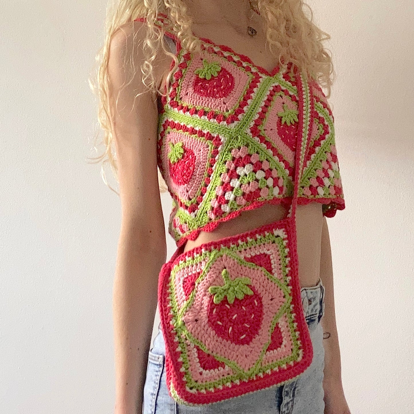 Strawberry Granny Square  Crossbody Crochet Bag - Small