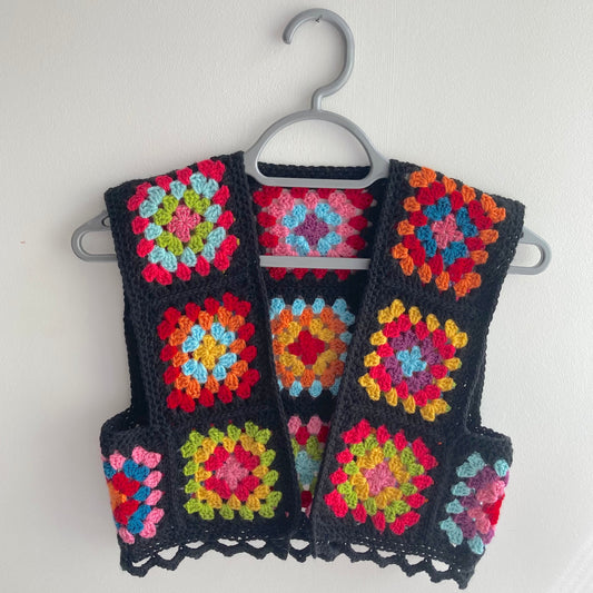 Granny Square Crochet Waistcoat - Black Rainbow