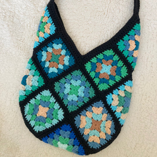 Granny Square Large Crossbody Bag - Black/Blue