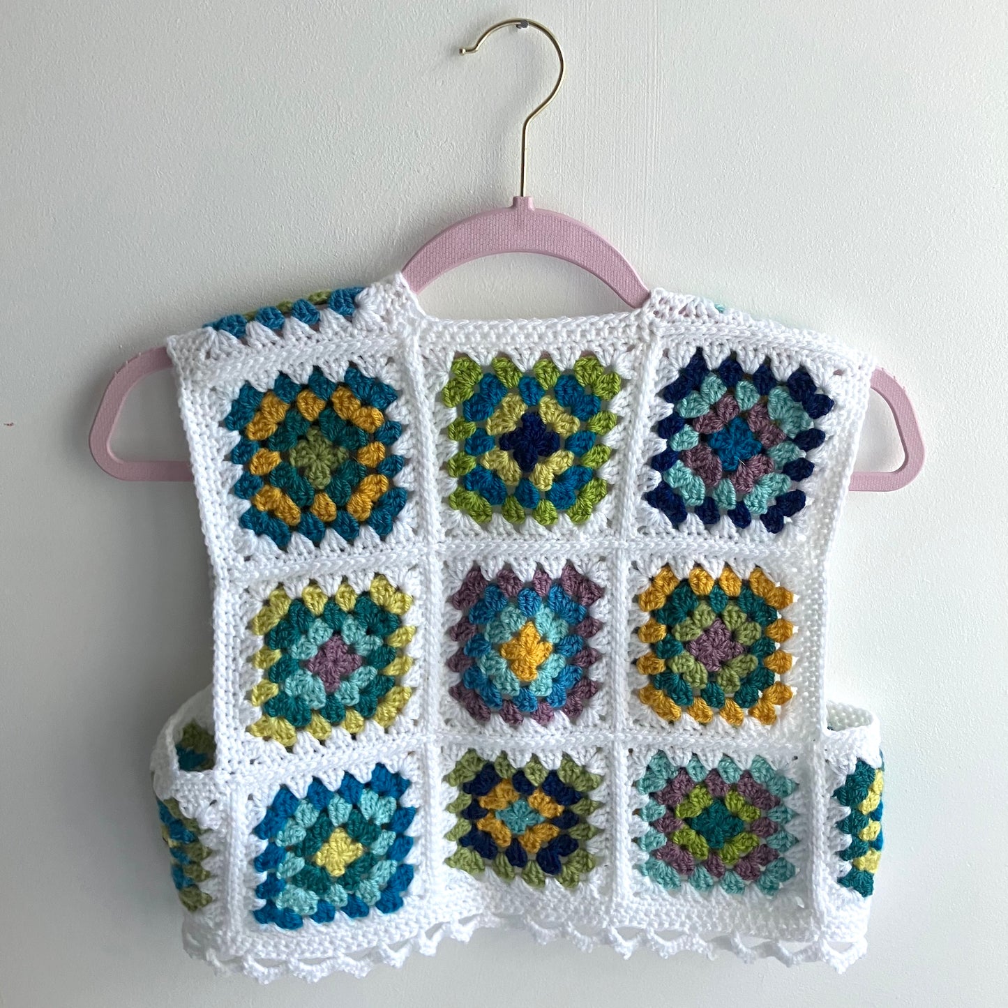 Granny Square Crochet Waistcoat - White Blue Mix