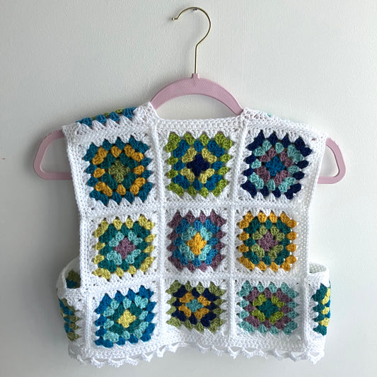 Granny Square Crochet Waistcoat - White Blue Mix
