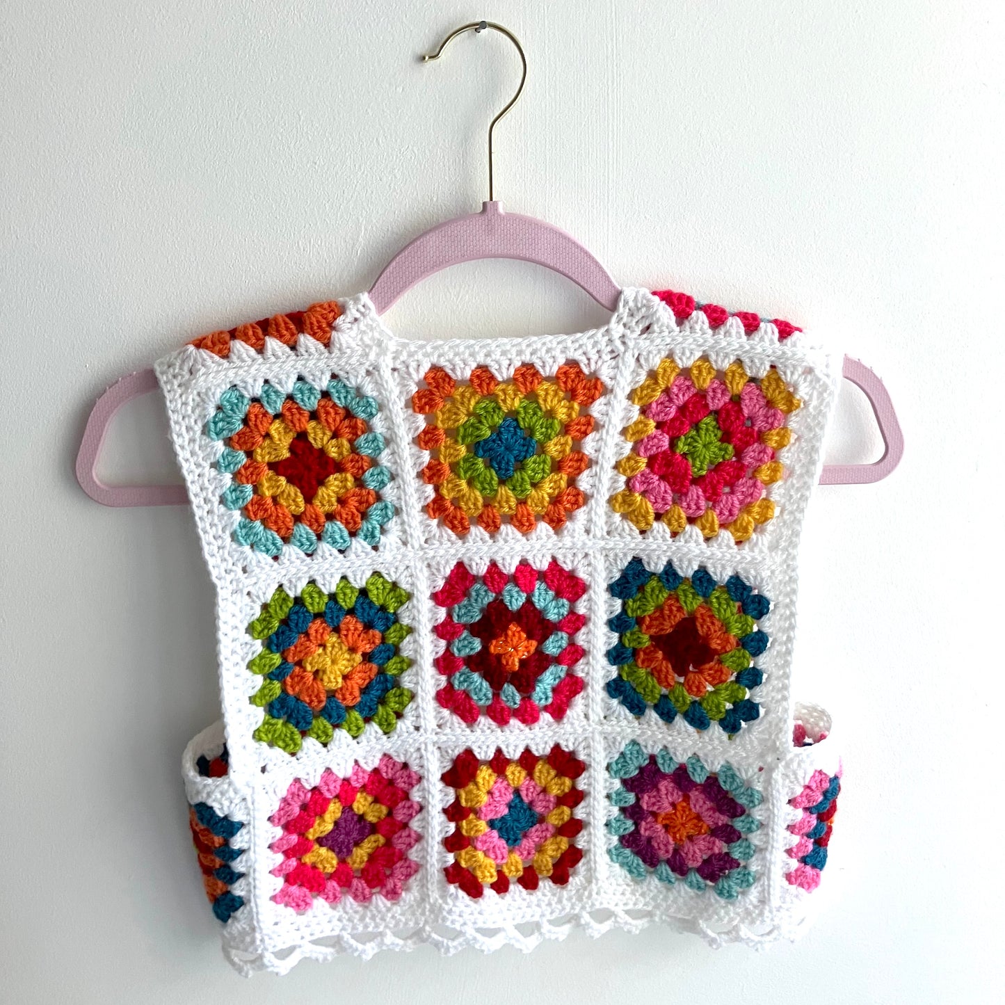 Granny Square Crochet Waistcoat - White Rainbow