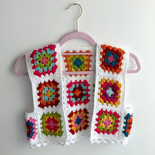 Granny Square Crochet Waistcoat - White Rainbow