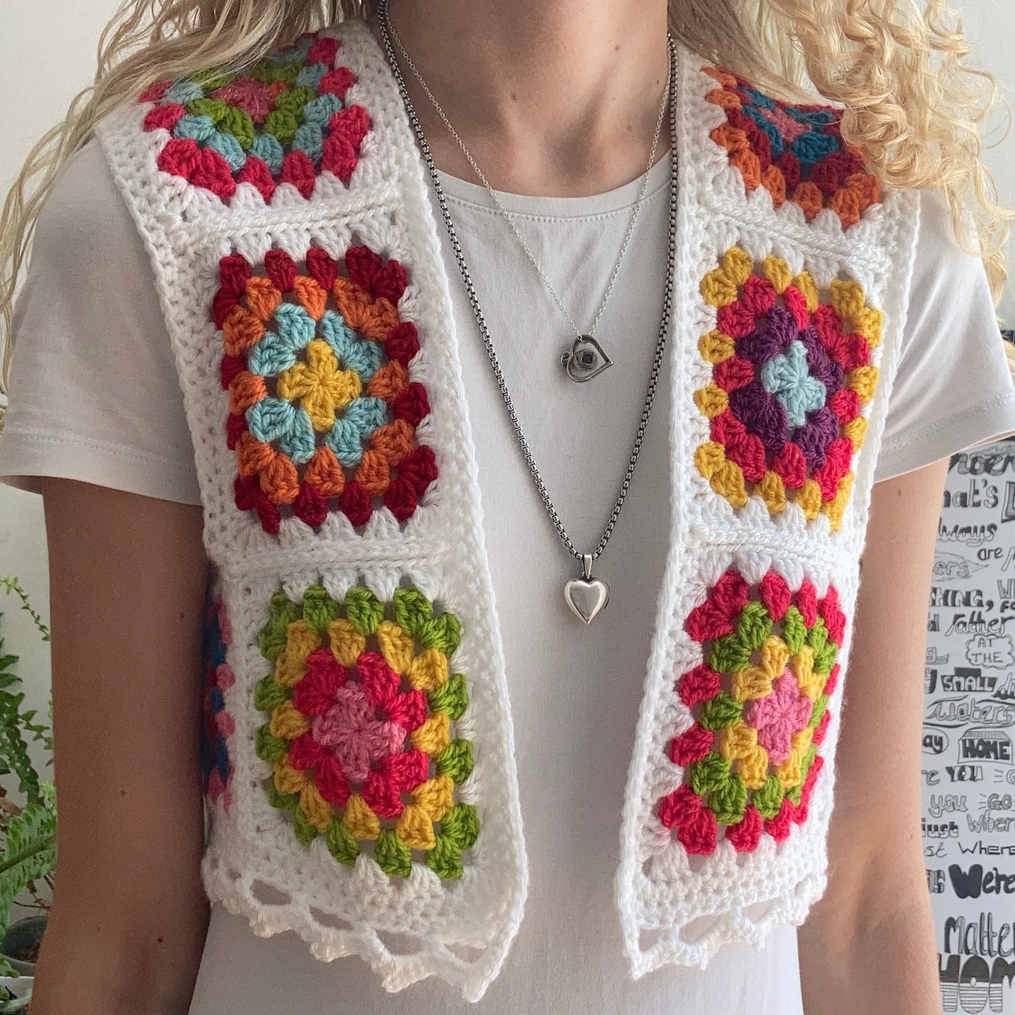 Granny Square Crochet Waistcoat - White Rainbow