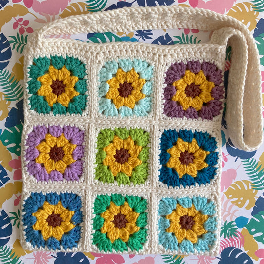 Sunflower Blue/Green/ Purple Crochet Granny Square Bag