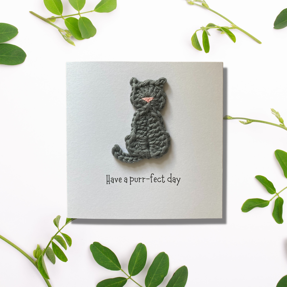 Blank square card with handmade grey cat crochet details