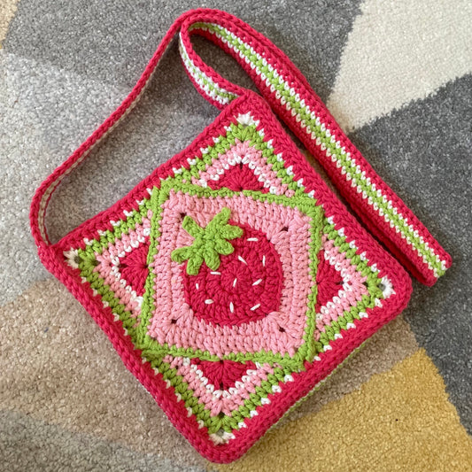 Strawberry Granny Square  Crossbody Crochet Bag - Small